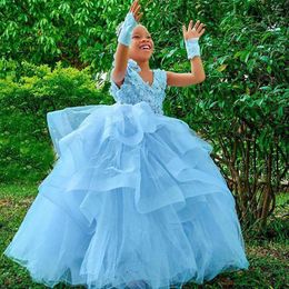 Girl Dresses V-neck Beaded Ball Gown Tulle Lilttle Kids Birthday Pageant Weddding Gowns Backless Lace Flower