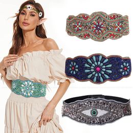 Belts Bohemian Elastic Wide Belt for Women Turquoise Beads Designer Ethnic Corset Belt Female Coat Dress Decorated Girdle 230829