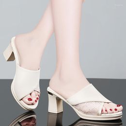 Slippers Fashion Mesh Women Sandals Genuine Leather Women's Shoes Summer Mid Heel Slipper Peep Toe Outdoor Female Chunky