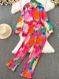 Women's Two Piece Pants Spring Women Casual Loose Tie-dyed Trousers Suit Vintage Shirts Blouses Wide Leg Pantsuit Female Fashion Boho 2 Pieces Outfits 230829