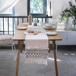 Runner da tavolo etnico in cotone poliestere nordico geometrico nero linee bianche nappe decorazioni per la casa moderne runner da matrimonio
