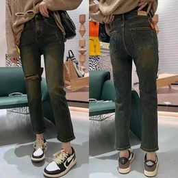 Women's Jeans Autumn High Waist Vintage Distressed Ripped Hole Women Solid Colour Washed Simple Fashion Straight Ankle Length Trousers
