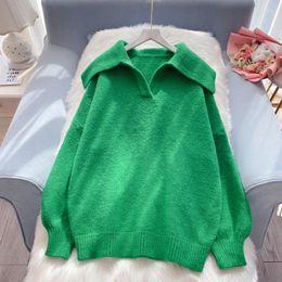 Women's Sweaters EBAIHUI Sweater Polo Collar Autumn Winter Solid Loose Thick Pullover Women Fashion Leisure Baggy Knitting Basic Chic Soft