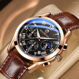 Wristwatches 2023 Luxury Watch For Men Business Chronograph Leather Waterproof Quartz Luminous Date Moon Phase Reloj Hombre