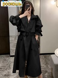 Womens Wool Blends Turn Down Collar V Neck Double Breasted Trench Coat Women Winter Clothes with Belt Korean Style Casual Slim Windbreaker 230828