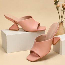 Slippers 8CM Women Cosy Leather Peep Toe Slip On Slide Casual Mule Shoes Ladies Gladiator Sandals Pink