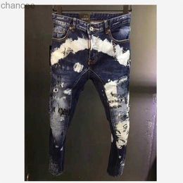 Men's Fashion High Street Denim Fabric Pants Casual Trendy Letter Printing Hole Spray Paint Jeans A136# HKD230829