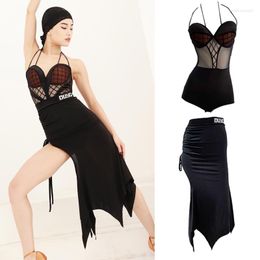 Stage Wear Backless Sling Mesh Panel Latin Top Drawstring Skirts Dancing Clothes Women Cha Rumba Practise SL6134