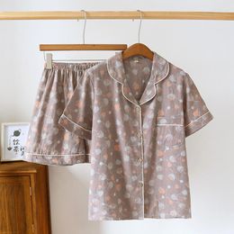 Women's Sleepwear Summer Vintage Yarn-dyed Jacquard Pyjamas Short Sleeve Sleep Top Shorts Lapel Set Woman 2 Pieces Homewear