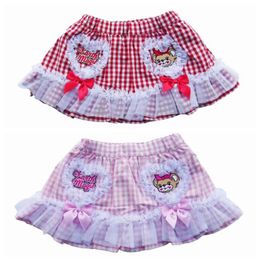 Skirts EM Little Girls Plaid Cute Skirt Princess Lace Female Baby Summer Love Heart Bow Sweet College Style 230828