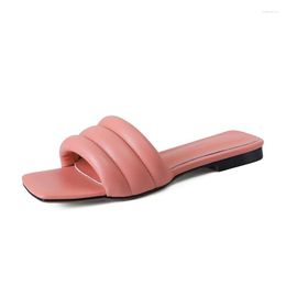 Slippers Arden Furtado Summer 2023 Women's Shoes Square Toe Open Cowhide Low Heel Comfort Leisure Word