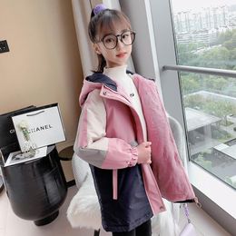 Down Coat Thick Keep Warm Winter Jacket For Girls Patchwork Hooded Plus Velvet Tops Kids Outerwear Teenager Windbreaker 8 10 12Y