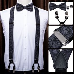 Bolo Ties Black Suspender for Men Silk Elastic Pants Braces Strap Paisley Bowtie Set Cufflinks Adjustable Gift BD 2005 230829