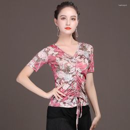 Stage Wear 2023 Modern Latin Dance Tops Blouse Female Summer Short Sleeve Pull Rope Training Suit Ice Silk Screen Flower Dancing Costume
