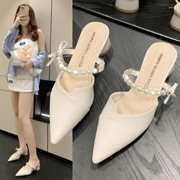 Slippers 2023 Summer Korean Fashion Baotou Thick Heel Pointed High Shoes Pearl Line Strap Middle Women