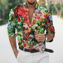 Men's Casual Shirts Long Sleeve Hawaiian Plant Flowers Men Fashion Shirt Cuba Beach Blouse Clothing Single Breasted Camisas Hombre