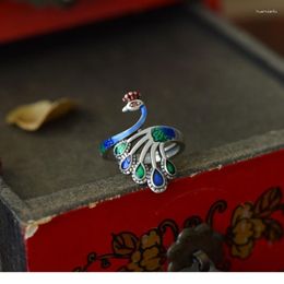 Cluster Rings LH Chinese Landscape Thai Blue Peacock Ring Opening Adjustable Burn Glue Dropping Process Phoenix Retro National Style