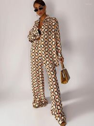 Women's Sleepwear Pyjamas For Women Fashion Loose Print 2 Piece Sets Outfit 2023 Elegant Long Sleeve Blouse With High Waist Wide Leg Pants