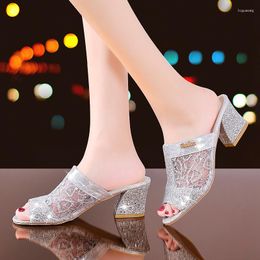 Slippers Gold Open Toe Sandals Women's High Heels Lace Dress Shoes Square Summer 2023