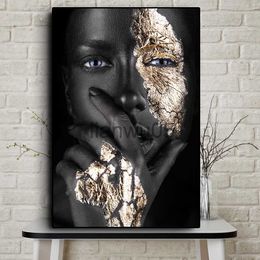 Metal Painting African Art Black and Gold Woman Oil Painting on Canvas Cuadros Posters and Prints Scandinavian Wall Art Picture for Living Room x0829