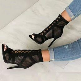 Boots Stiletto High Heels Summer Boots Women Ladies Mesh Net Boots Peep Toe Shoes Woman Cross Tied Nude Ankle Boots 230829