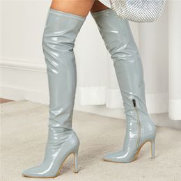 Boots Women Over The Knee High 11cm Heels Glossy Leather Stiletto Lady Fashion Fetish Stripper Long Booties Red Shoes 230829