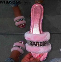 Pink Slippers HOT NEW home fashion wild hair slippers winter new bright diamond warm sandals female flip flop flat with 0d9f