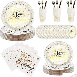 Disposable Flatware 112Pcs Bronzing Gold Happy Birthday Party Supplies Paper Plates Dots Foiled Set For Serves 16 Guests Include Cups Dhpx7