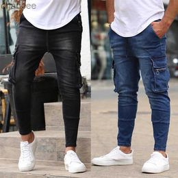 Fashion Men's Multi-pockets Skinny Slim Fit Jeans Elastic Cargo Pants with Zippers Black Blue Denim Trousers S-3XL HKD230829