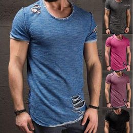 Men's T Shirts O Neck Short Sleeve Slim Fit Tops Tee Male Fashion Ripped Hole Casual Men Tshirts Distressed Summer Clothing