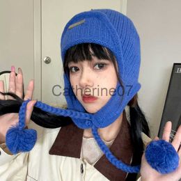 Stingy Brim Hats Korean Ins Fashion Bomber Hat Autumn and Winter Thickened Ear Protection Warm Knitted Flight Cap Men Blue Pom-pom Women's Hats J230829