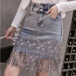 Skirts YUZACDWX 2023 Summer Streetwear Short Skirt Women Hand-studded Diamond Tassels Chain Light Blue Denim