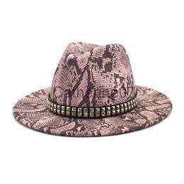 Stingy Brim Hats metal chain jazz hat fedora hat snake printed pattern Cowboy Winter Fedora Hat Big Brim For Men Jazz Hat leapoard round top hat J230829