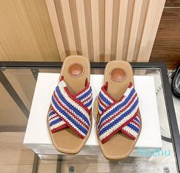 Fashion Women's Slippers High Quality Designer Flat Bottom Sandals Summer Outwear Colourful Ribbon Knitted Straight Women's Shoes 35-42