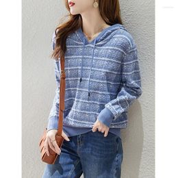 Women's Sweaters 2023 Autumn Winter Hooded Pullovers Plaid Loose Blue Korean Style Hoodies Jumpers Female Knitted Jackets