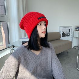 Beanie/Skull Caps Korean Windproof Hat Winter Solid Color Thick Woolen Hats For Women Ski Slouchy Cap Skull Winter Wool Warm Caps Warm Beanies 230829