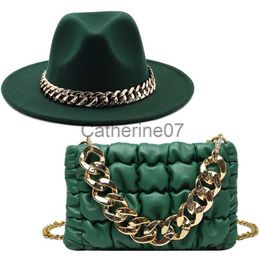 Stingy Brim Hats New luxury Girl Wool Chain Fedora Hat Oversized Chain Accessory Bag Hat For Women flat top Hat Latest Two-piece Set J230829