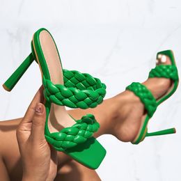 Slippers Green Weave Women Strappy Sandals Square Toe Mule Slides Party Summer Thin High Heels Shoes Plus Size 35-42