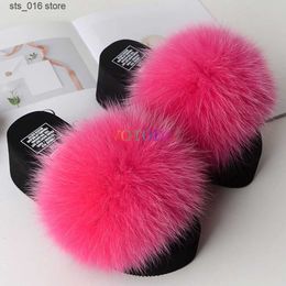 Wedge Women Summer Flip Flops Furry Real Fox Fur Slides Platform Female Home Slippers Fashion Casual Ladies Sh e c