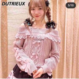 Sweet Girl Pink Suspenders Knitwear Lolita Kawaii Sexy Strapless Long Sleeve Sweaters Pullover Autumn and Winter New Sweater Top HKD230829