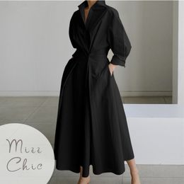 Basic Casual Dresses S-5XL Korean Fashion Long Sleeve Shirt Dress Chic Turndown Neck Ruched Maxi Dress Women Autumn Winter Clothes Streetwear 230828