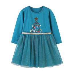 Girl s Dresses Jumping Meters 2 7T Tree Beading Baby Frocks Cute Kids Dress Princess Christmas Girls Long Sleeve Years Clothes 230828