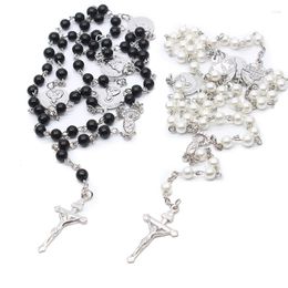 Pendant Necklaces Holy Rosary Glass Imitation Pearls Beaded Necklace For Women Religious Long Chain Jesus Cross Jewellery Gift