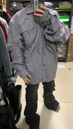 YProject Grey Pleated Pocket Silhouette Wash Workwear Lapel Simple Jacket Coat Casual Coat Men Bomber Jacket Bomber Zipper Cotton Jacket for Men