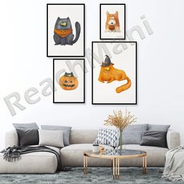 Halloween Cute Dog Cat Posters And Prints Wall Art Funny Animal Canvas Painting Wall Picture For Boy Girl Bedroom Living Room Decor Gift No Frame Wo6