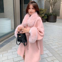 Womens Fur Faux Long Wool Coat Luxury Detachable Fluffy Genuine Real Winter Autumn Spring Warm Jacket S3563B 230828