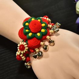 Charm Bracelets Chinese Style Creative Hand-Woven Beaded Bracelet Ethnic Colorful Flower Good Luck Bell Hand String Friend Girl's Gift