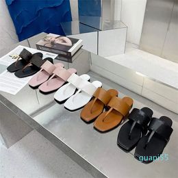 Designer Sandal Women Flat Flip Flops Beach Slippers Real Leather Slides square Head Summer Vintage Candy Colors Sandals