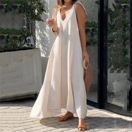 Casual Dresses Women Loose Spaghetti Strapless Maxi Dress Summer Holiday Beach Solid Sleeveless V Neck Lace-up Shoulder Strap Long