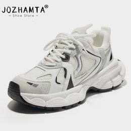 Dress Shoes JOZHAMTA Women Sneakers Flats Platform Shoes Patchwork Thick Bottom Real Leather Round Toe Casual Ladies Sneakers Size 35-40 230829